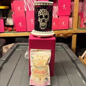 Mosaic Skull Candle Holder - Black, Purple, White With Antique White Base NIB